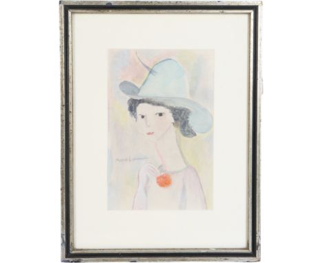 Exquisite ethereal portrait of a gamine young woman wearing a hat. Watercolor on paper, signed mid-left. Hinge-mounted in mat