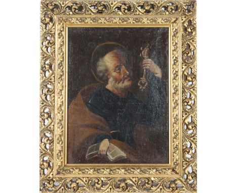 17th C Portrait of Saint Peter, Italian School, Oil on Canvas. Early reticulated frame, likely 19th C. Overall size: 22 3/4 x