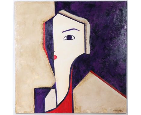 J Lindberg "Split Personality" 2005 oil on canvas, signed lower right. Modernist style portrait of a woman. Size: 36 x 36 in.