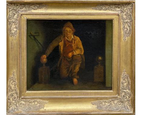 "Chimney Sweep" oil on canvas signed. Provenance: Private Collection Hillsborough California. Condition: irregular craquelure