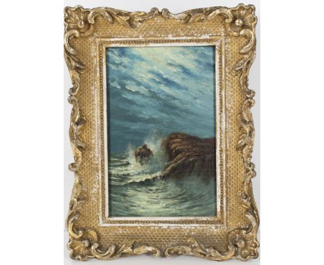 Dramatic Seascape of Waves Crashing Against Rocks on a Moonlit Night, oil on chamfered board, unsigned. Artist unknown. Frenc