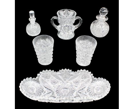 (6) Pcs of Miscellaneous Crystal Glass including 2 vases, 2 decanters, 1 platter bowl, and one double handled chalice. Larges