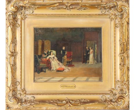 Welcoming chamber with figures, oil painting on chamfered board, signed lower left. An important 19th century genre and portr