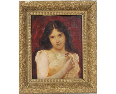 Portrait of a Beautiful Young Woman, wearing a white dress and holding a small flower, demurely looks directly at the viewer.