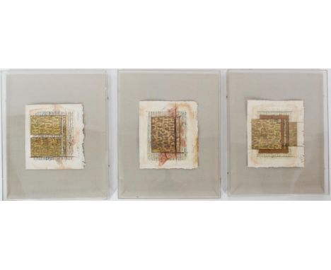 Three framed mixed media works on paper by Sandra Bowden, titled, " Volume I &amp; II", "Reading II", and "Word" each signed 