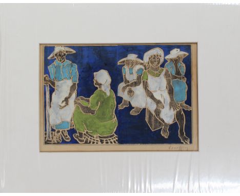 Four Female Laborer Figures, hand colored woodblock print, signed lower right. Condition: mild staining of paper (see photo #