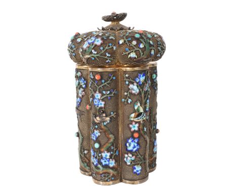 Antique Chinese Silver Enamel Tea Box, Inlaid coral. Circular box w fine filigree work, w six lobes. Enameled birds and flowe
