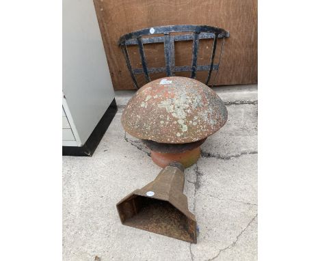 AN ASSORTMENT OF ITEMS TO INCLUDE A WALL PLANTER, A CAST GUTTER HOPPER AND A CHIMNEY TOPPER ETC 