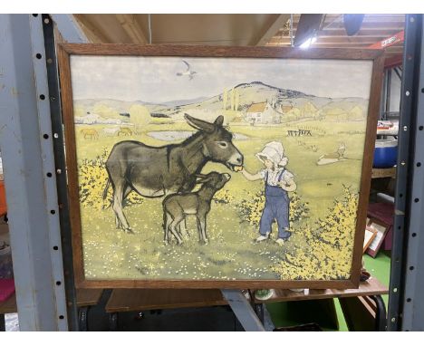 A FRAMED MOLLY PRINT OF A GIRL AND DONKEYS 59CM X 48CM 