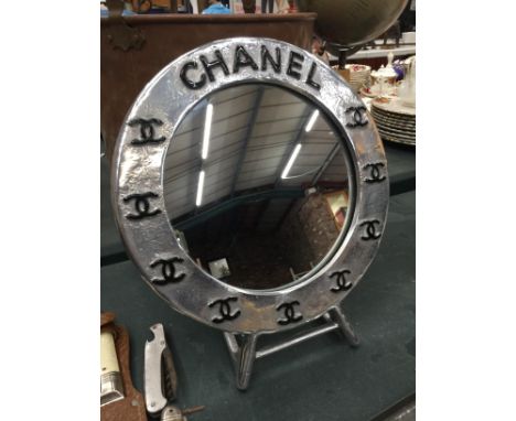 A CHROME 'CHANEL' STYLE DRESSING TABLE MIRROR HEIGHT 29CM 