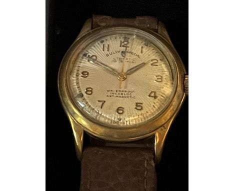 A VINTAGE SULLY SPECIAL 15 JEWEL AUTOMATIC WRIST WATCH WITH BROWN LEATHER STRAP IN A PRESENTATION BOX SEEN WORKING BUT NO WAR