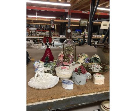 A COLLECTION OF CERAMIC FAIRY FIGURES, TRINKET BOXES, CARRIAGE CLOCK, ETC 