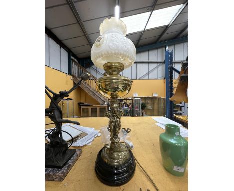 A BRASS LAMP WITH CHERUBS, GLASS FUNNEL AND DECORATIVE GLASS SHADE 