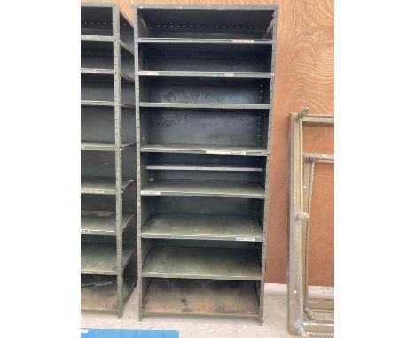 A VINTAGE METAL SHELVING UNIT WITH EIGHT SHELVES 