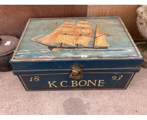A LARGE VINTAGE METAL STORAGE TRUNK BEARING THE NAME 'K.C.BONE' 