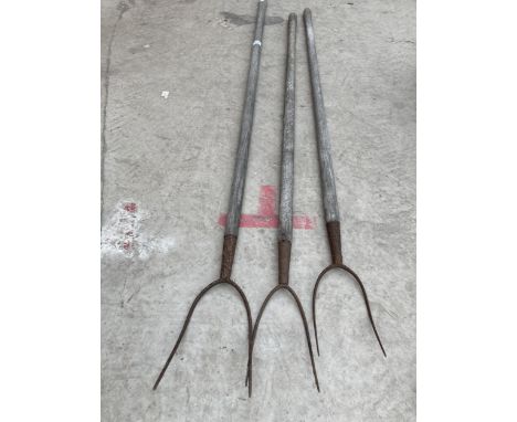 THREE VINTAGE WOODEN HANDLED PITCH FORKS 