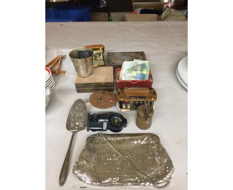 A QUANTITY OF ITEMS TO INCLUDE A TRAVEL ALARM CLOCK, SEQUINNED EVENING BAG, BOXES, FOREIGN COINS AND NOTES, VINTAGE BRASS GRI