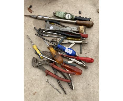 AN ASSORTMENT OF TOOLS TO INCLUDE POT RIVETORS, PLIERS AND SCREW DRIVERS ETC 