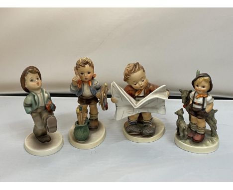 FOUR WEST GERMAN HUMMEL FIGURINES - LITTLE GOAT HERDER, HAPPY TRAVELLER, BOY READING NEWSPAPER AND THE ARTIST 