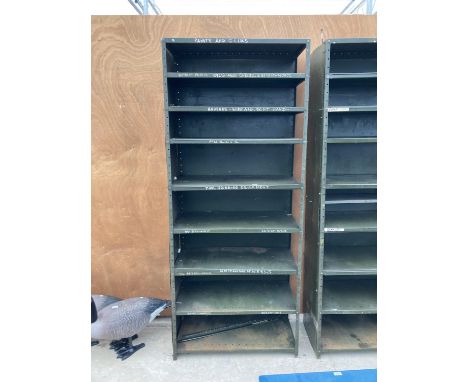 A VINTAGE METAL SHELVING UNIT WITH EIGHT SHELVES 
