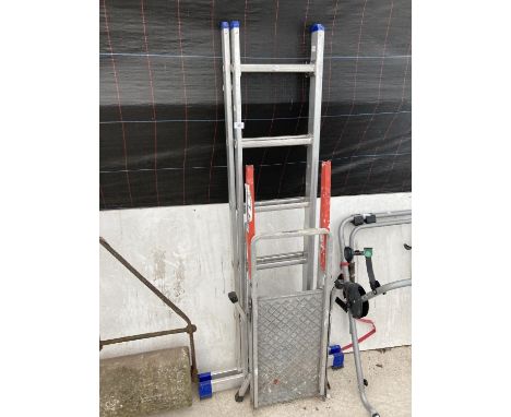 A 12 RUNG ALUMINIUM TWO SECTION EXTENDING LADDER AND A DECORATORS PLATFORM 