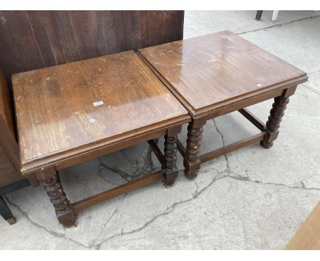 A PAIR OF 25" SQUARE LAMP TABLES ON TURNED LEGS 
