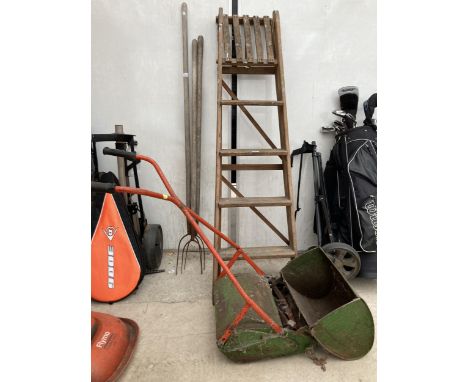 A VINTAGE QUALCAST LAWN MOWER AND A VINTAGE WOODEN FOUR RUNG STEP LADDER 