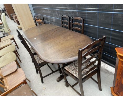 A PRIORY OAK EXTENDING DINING TABLE 66"X34" (17.5" EXTRA LEAF) AND SIX LADDER BACK DINING CHAIRS 