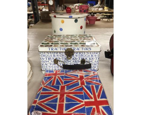AN EMMA BRIDGEWATER BISCUIT BARREL, EMMA BRIDGEWATER UNION JACK SERVIETTES AND A VINTAGE TRACTORS TIN 