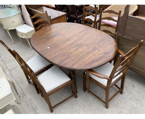 AN OVAL ERCOL EXTENDING DINING TABLE 64" X 42" (LEAF 19.5") ON TURNED LEGS WITH WITH STRAIGHT STRETCHERS AND SIX LADDER BACK 