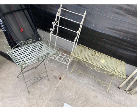 A DECORATIVE METAL COFFEE TABLE, SIDE TABLE AND STICK STAND 