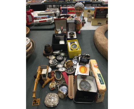A QUANTITY OF POCKET AND WRISTWATCHES TO INCLUDE TIMEX, CASIO, ETC, PLUS COLLECTABLE ITEMS OF WHISTLE, COINS, ETC 