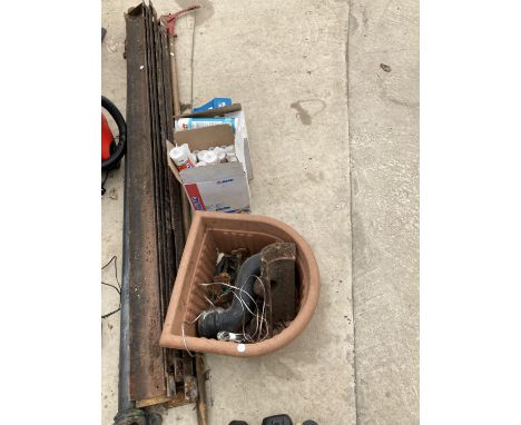 AN ASSORTMENT OF ITEMS TO INCLUDE CAST IRON GUTTERS, A LONG REACH LOPPER AND TUBES OF SILICONE ETC 