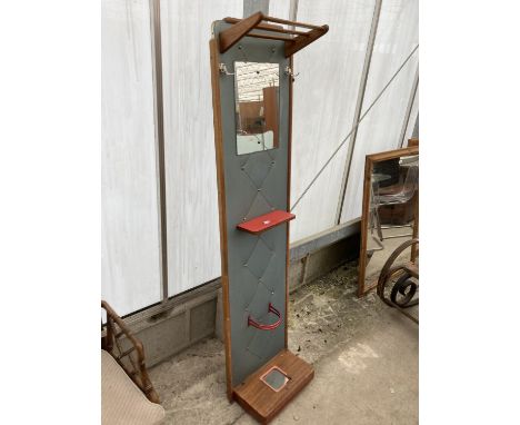 A 1970'S RETRO HALL STAND WITH MIRRORED BACK AND STICK WELL AND SMALL FORMICA SHELF 