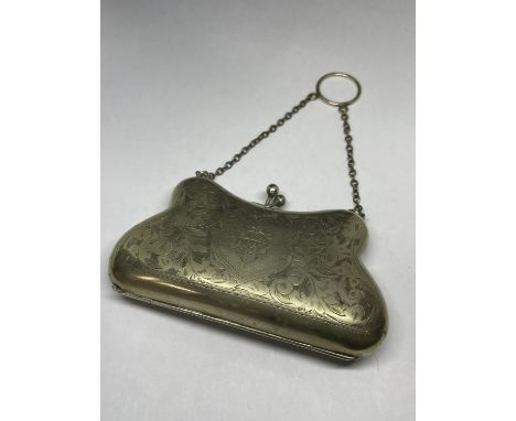 A DECORATIVE VINTAGE SILVER PLATED PURSE WITH CHAIN 