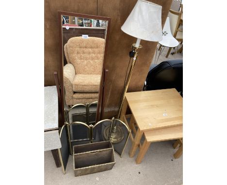 A MAGAZINE RACK, FIRE GUARD, CHEVAL MIRROR AND STANDARD LAMP