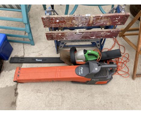 A FOLDING WORKMATE BENCH, A VIKING ELECTRIC HEDGE TRIMMER AND A FLYMO GARDEN VAC 