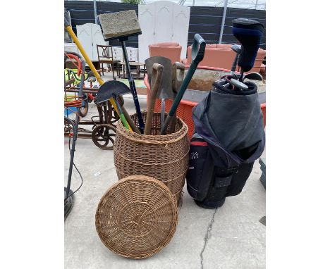 A LARGE WICKER LAUNDRY BASKET, A GOLF BAG AND CLUBS AND AN ASSORTMENT OF TOOLS 