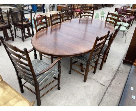 A GEORGE III STYLE OAK PEDESTAL DINING TABLE, 64" X 50" (TWO LEAVES 16" EACH) AND A SET OF EIGHT TUDOR ROSE LADDER BACK CHAIR