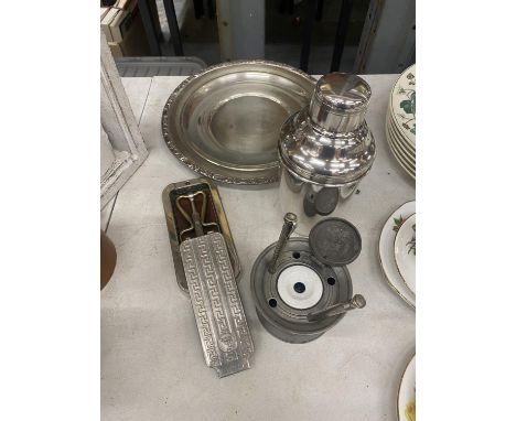 A COLLECTION OF ITEMS TO INCLUDE A PEWTER INKWELL COMPLETE WITH LINER, A SILVER PLATE TRAY, A GERO 90 (90 g SILVER) COCKTAIL 