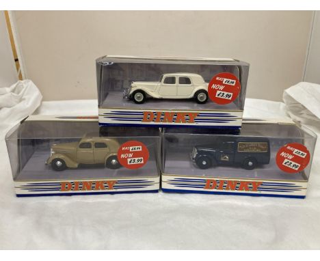 THREE 1:43 SCALE DIE CAST MODEL CARS BY DINKY TO INCLUDE 1952 CITROEN 15 CV, 1948 DAIMLER COMMER 8 CWT VAN AND 1950 FORD V8 P