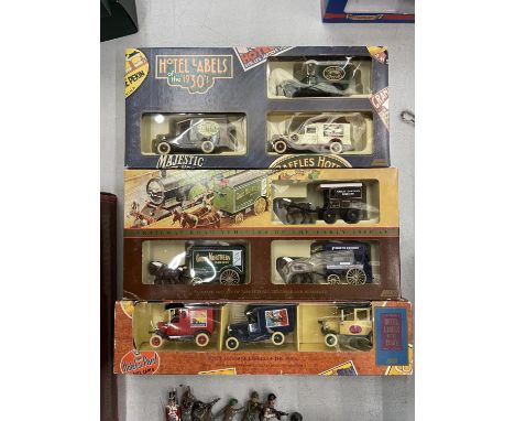 THREE BOXED LLEDO VINTAGE DIECAST SETS TO INCLUDE HOTEL LABELS AND GREAT NORTHERN RAILWAY 
