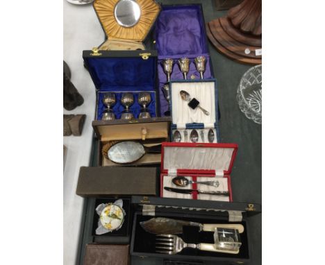 A QUANTITY OF VINTAGE FLATWARE INCLUDING SPOONS, SERVING SET, ETC, PLUS A BOXED SILVER PLATED GOBLET AND WINE SET, ETC 