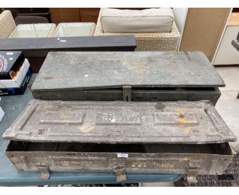 A VINTAGE WOODEN TOOL CHEST AND A VINTAGE MILITARY AMMO CASE 