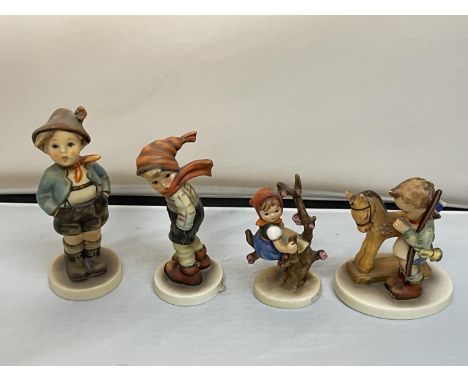 FOUR WEST GERMAN HUMMEL FIGURES - BOY WITH HANDS IN HIS POCKETS, PRAYER BEFORE BATTLE, APPLE TREE GIRL AND BROTHER 