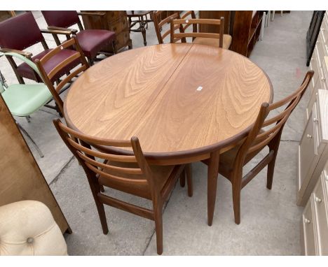 A RETRO TEAK EXTENDING G PLAN DINING TABLE 48" DIAMETER (LEAF 18") AND SIX LADDER BACK DINING CHAIRS 