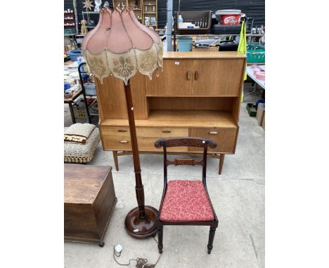 A MAHOGANY STANDARD LAMP WITH SHADE AND A REGENCY ROSEWOOD DINING CHAIR 