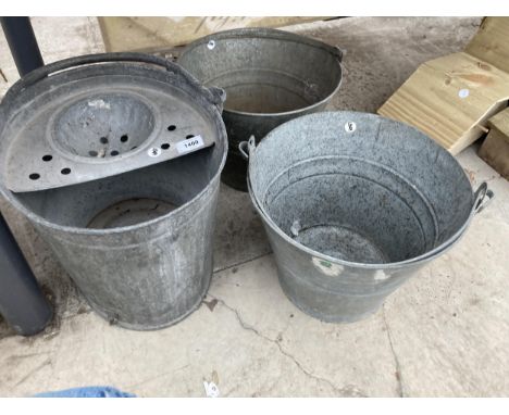 TWO VINTAGE GALVANISED BUCKETS AND A MOP BUCKET 