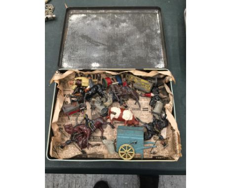 A VINTAGE BISCUIT TIN CONTAINING LEAD DRAGOONS, ANIMALS, ETC 