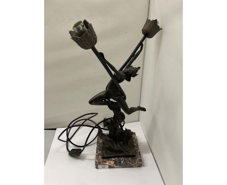 A LAMP DEPICTING A MODEL OF A LADY ON A MARBLE BASE ART DECO STYLE 